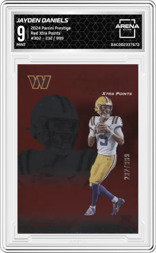 Jayden Daniels from the 2024 Panini Prestige  set featuring a Red Xtra Points parallel graded by Arena Club and given an overall grade of 9.