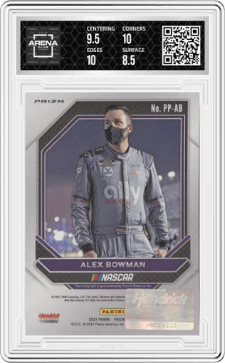 Alex Bowman from the 2021 Panini Prizm NASCAR set graded by Arena Club and given an overall grade of 9.