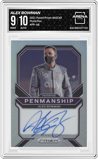 Alex Bowman from the 2021 Panini Prizm NASCAR set graded by Arena Club and given an overall grade of 9.