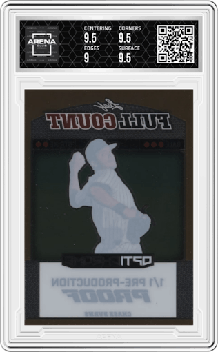 Chase Burns from the 2023 Leaf Eclectic set featuring a Pre Production Proof Clear parallel graded by Arena Club and given an overall grade of 9.5.