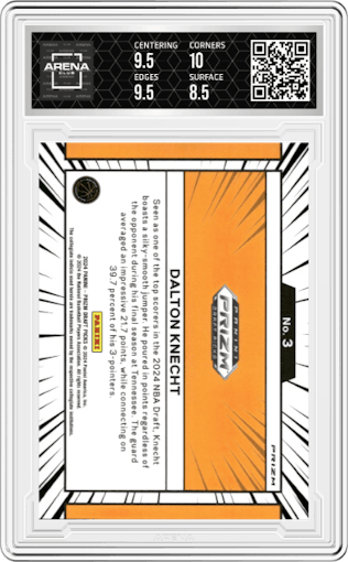 Dalton Knecht from the 2024 Panini Prizm Draft Picks set graded by Arena Club and given an overall grade of 9.