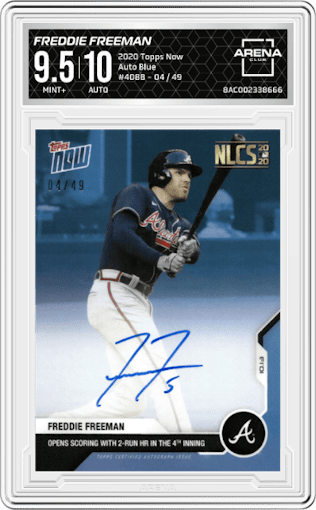 Freddie Freeman from the  2020 Topps Now  set featuring a Blue parallel graded by Arena Club and given an overall grade of 9.5.