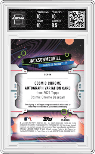 Jackson Merrill from the 2024 Topps Cosmic Chrome set graded by Arena Club and given an overall grade of 9.