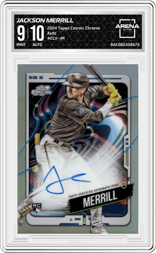 Jackson Merrill from the 2024 Topps Cosmic Chrome set graded by Arena Club and given an overall grade of 9.