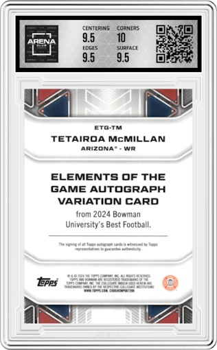 Tetairoa McMillan from the 2024 Bowman University Best set featuring a Gold Refractors parallel graded by Arena Club and given an overall grade of 10.