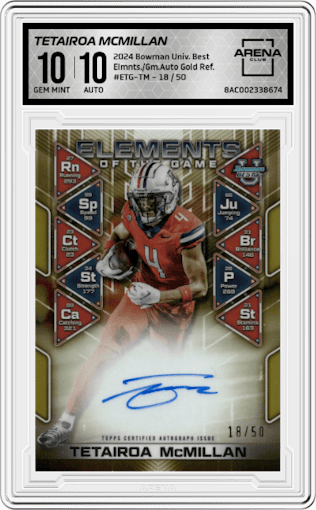 Tetairoa McMillan from the 2024 Bowman University Best set featuring a Gold Refractors parallel graded by Arena Club and given an overall grade of 10.