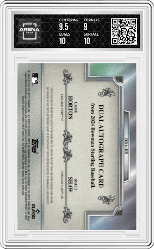 Matt Shaw/Cade Horton from the 2024 Bowman Sterling set featuring a Black Mini-Diamond parallel graded by Arena Club and given an overall grade of 9.5.