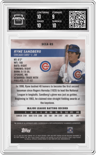 Ryne Sandberg from the 2024 Topps Stadium Club set featuring a Orange Refractor parallel graded by Arena Club and given an overall grade of 9.5.