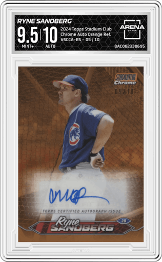 Ryne Sandberg from the 2024 Topps Stadium Club set featuring a Orange Refractor parallel graded by Arena Club and given an overall grade of 9.5.