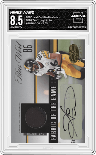 Hines Ward from the 2006 Leaf Certified Materials set graded by Arena Club and given an overall grade of 8.5.
