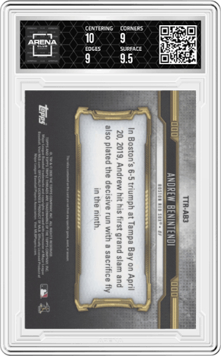 Andrew Benintendi from the 2020 Topps Triple Threads set featuring a Ruby parallel graded by Arena Club and given an overall grade of 9.5.