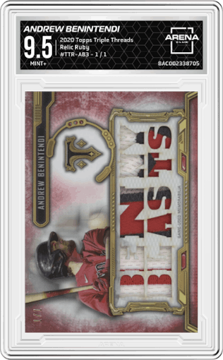 Andrew Benintendi from the 2020 Topps Triple Threads set featuring a Ruby parallel graded by Arena Club and given an overall grade of 9.5.