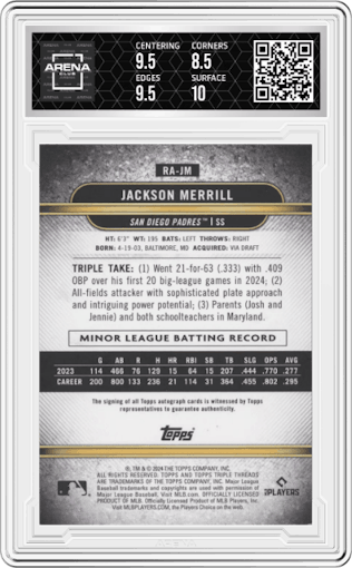 Jackson Merrill from the 2024 Topps Triple Threads set graded by Arena Club and given an overall grade of 9.