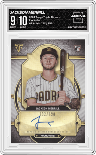 Jackson Merrill from the 2024 Topps Triple Threads set graded by Arena Club and given an overall grade of 9.