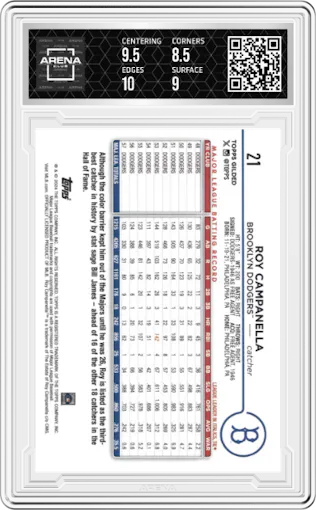 Roy Campanella from the 2024 Topps Gilded Collection set featuring a Gold Lava Refractor parallel graded by Arena Club and given an overall grade of 9.