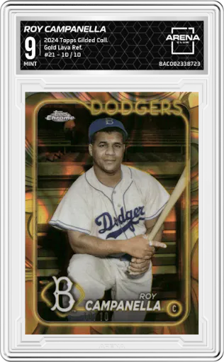 Roy Campanella from the 2024 Topps Gilded Collection set featuring a Gold Lava Refractor parallel graded by Arena Club and given an overall grade of 9.