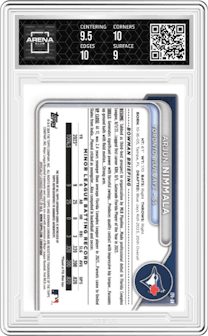 Arjun Nimmala from the 2024 Bowman Chrome set featuring a Green Lava Refractors parallel graded by Arena Club and given an overall grade of 9.5.