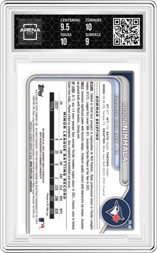 Arjun Nimmala from the 2024 Bowman Chrome set featuring a Green Lava Refractors parallel graded by Arena Club and given an overall grade of 9.5.