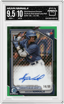 Arjun Nimmala from the 2024 Bowman Chrome set featuring a Green Lava Refractors parallel graded by Arena Club and given an overall grade of 9.5.