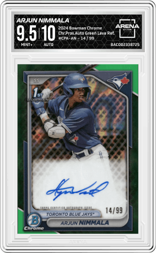 Arjun Nimmala from the 2024 Bowman Chrome set featuring a Green Lava Refractors parallel graded by Arena Club and given an overall grade of 9.5.