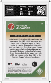 Yordan Alvarez  from the 2024 Topps Transcendent Collection set featuring a Red Refractor parallel graded by Arena Club and given an overall grade of 9.5.