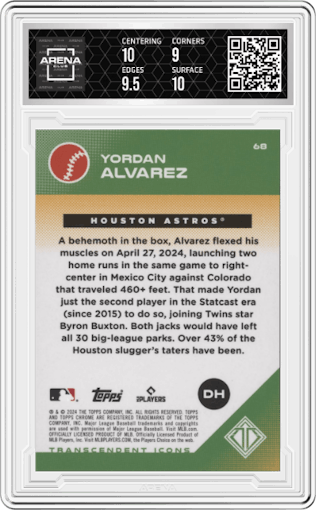 Yordan Alvarez  from the 2024 Topps Transcendent Collection set featuring a Red Refractor parallel graded by Arena Club and given an overall grade of 9.5.