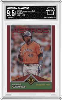 Yordan Alvarez  from the 2024 Topps Transcendent Collection set featuring a Red Refractor parallel graded by Arena Club and given an overall grade of 9.5.