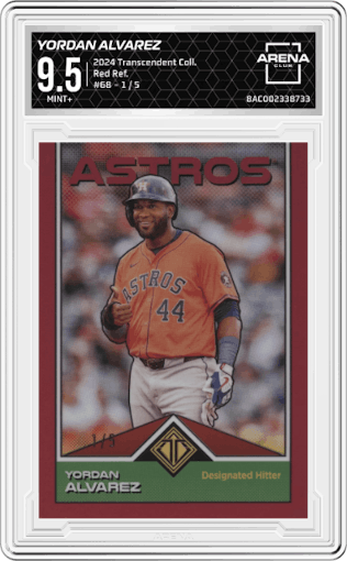 Yordan Alvarez  from the 2024 Topps Transcendent Collection set featuring a Red Refractor parallel graded by Arena Club and given an overall grade of 9.5.