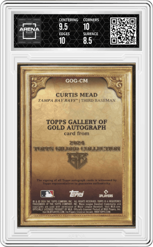 Curtis Mead from the 2024 Topps Gilded Collection set featuring a Ruby parallel graded by Arena Club and given an overall grade of 9.