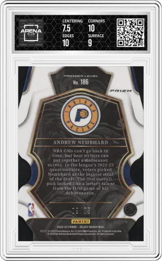 Andrew Nembhard from the 2022-23 Panini Select set featuring a Die-Cut Tie-Dye parallel graded by Arena Club and given an overall grade of 8.