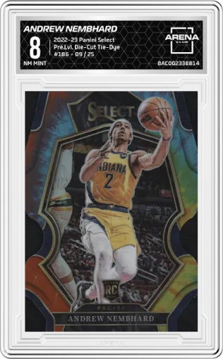 Andrew Nembhard from the 2022-23 Panini Select set featuring a Die-Cut Tie-Dye parallel graded by Arena Club and given an overall grade of 8.
