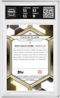 Caitlin Clark from the 2023-24 Bowman Best University set featuring a Blue Refractor parallel graded by Arena Club and given an overall grade of 9.
