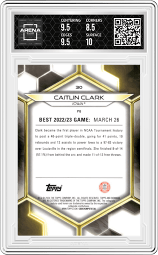 Caitlin Clark from the 2023-24 Bowman Best University set featuring a Blue Refractor parallel graded by Arena Club and given an overall grade of 9.