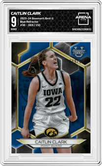 Caitlin Clark from the 2023-24 Bowman Best University set featuring a Blue Refractor parallel graded by Arena Club and given an overall grade of 9.