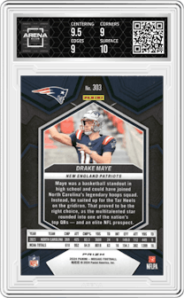 Drake Maye from the 2024 Panini Mosaic set featuring a Green Mosaic parallel graded by Arena Club and given an overall grade of 9.5.
