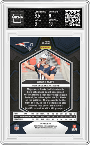 Drake Maye from the 2024 Panini Mosaic set featuring a Green Mosaic parallel graded by Arena Club and given an overall grade of 9.5.