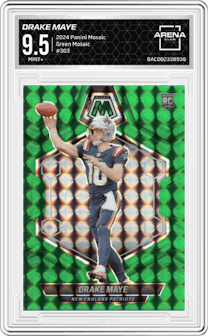 Drake Maye from the 2024 Panini Mosaic set featuring a Green Mosaic parallel graded by Arena Club and given an overall grade of 9.5.