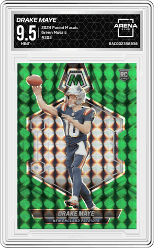 Drake Maye from the 2024 Panini Mosaic set featuring a Green Mosaic parallel graded by Arena Club and given an overall grade of 9.5.