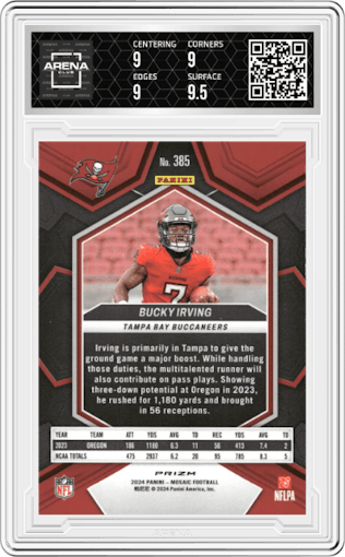 Bucky Irving from the 2024 Panini Mosaic set featuring a Green Mosaic parallel graded by Arena Club and given an overall grade of 9.