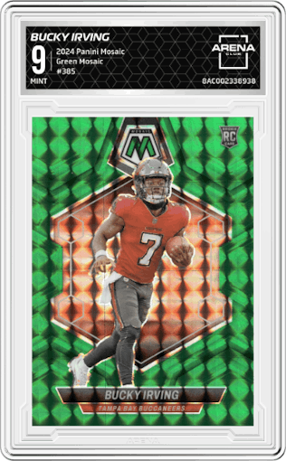 Bucky Irving from the 2024 Panini Mosaic set featuring a Green Mosaic parallel graded by Arena Club and given an overall grade of 9.