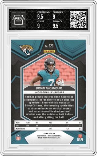 Brian Thomas Jr. from the 2024 Panini Mosaic set featuring a Green Mosaic parallel graded by Arena Club and given an overall grade of 9.5.