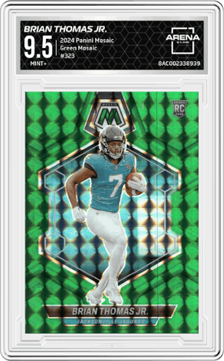 Brian Thomas Jr. from the 2024 Panini Mosaic set featuring a Green Mosaic parallel graded by Arena Club and given an overall grade of 9.5.
