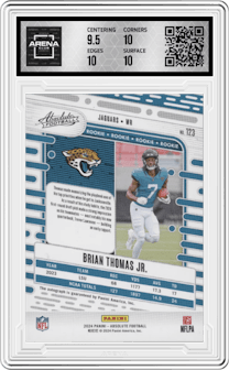 Brian Thomas Jr. from the 2024 Panini Absolute set featuring a Spectrum parallel graded by Arena Club and given an overall grade of 10.
