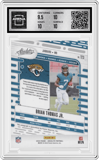 Brian Thomas Jr. from the 2024 Panini Absolute set featuring a Spectrum parallel graded by Arena Club and given an overall grade of 10.