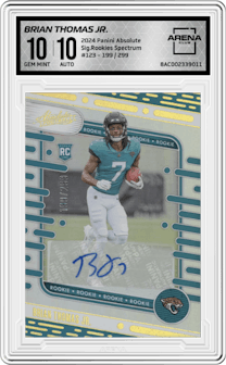 Brian Thomas Jr. from the 2024 Panini Absolute set featuring a Spectrum parallel graded by Arena Club and given an overall grade of 10.
