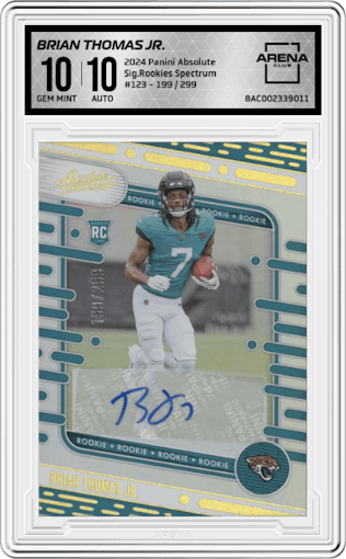 Brian Thomas Jr. from the 2024 Panini Absolute set featuring a Spectrum parallel graded by Arena Club and given an overall grade of 10.