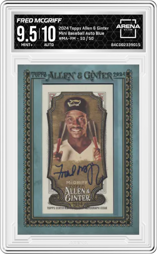 Fred McGriff from the 2024 Topps Allen & Ginter set featuring a Blue  parallel graded by Arena Club and given an overall grade of 9.5.