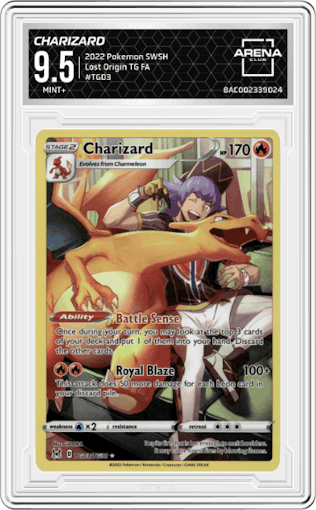 Charizard from the 2022 Pokemon SWSH set graded by Arena Club and given an overall grade of 9.5.