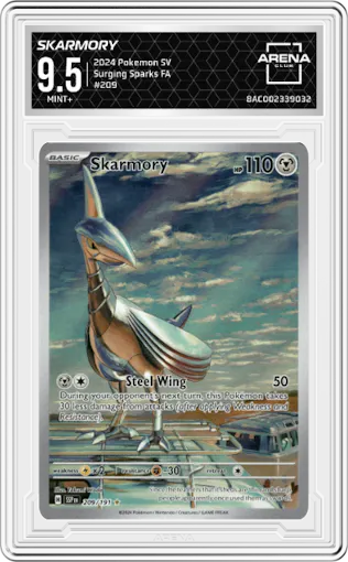 Skarmory from the 2024 Pokemon SV set graded by Arena Club and given an overall grade of 9.5.