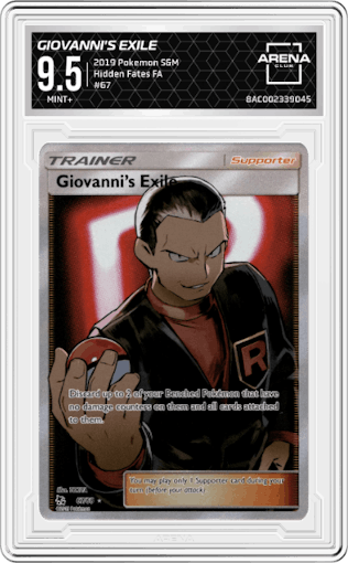 Giovanni's Exile from the 2019 Pokemon S&M  set graded by Arena Club and given an overall grade of 9.5.